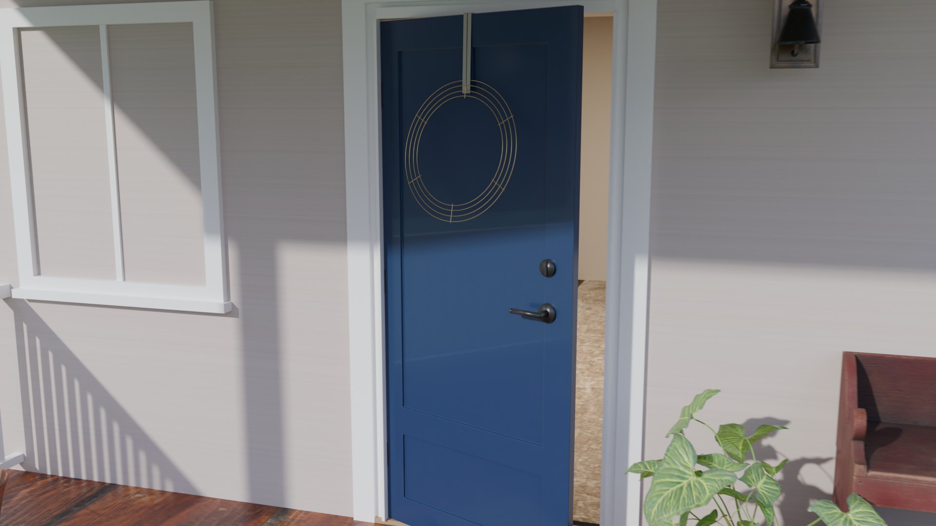 A wreath hung on a navy front door with the Wreath Lock